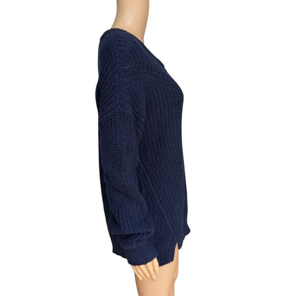 Caslon cotton blend ribbed pointelle knit crew neck sweater navy blue sz S NWOT - Picture 3 of 8